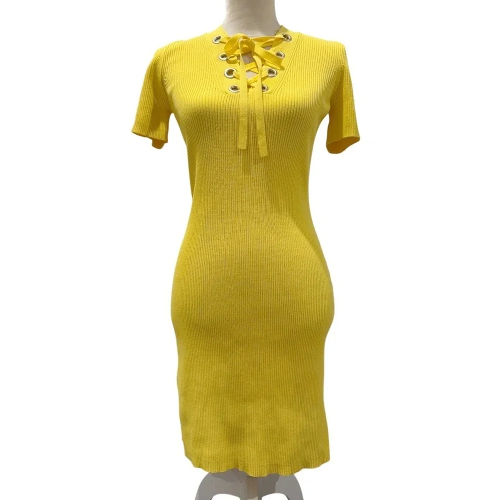 michael kors gold sweater dress Womens Yellow Ribbed Lace-Up Fitted Chic Midi Size S SWATCH_27688__CHARCOAL